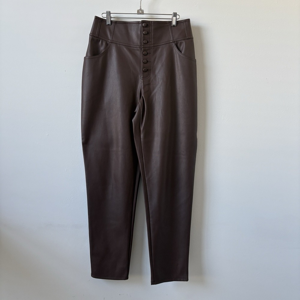 Bar III Edgy Chic Dark Brown | Coffee Faux Leather Button Pants Women Size 8 - Picture 2 of 12